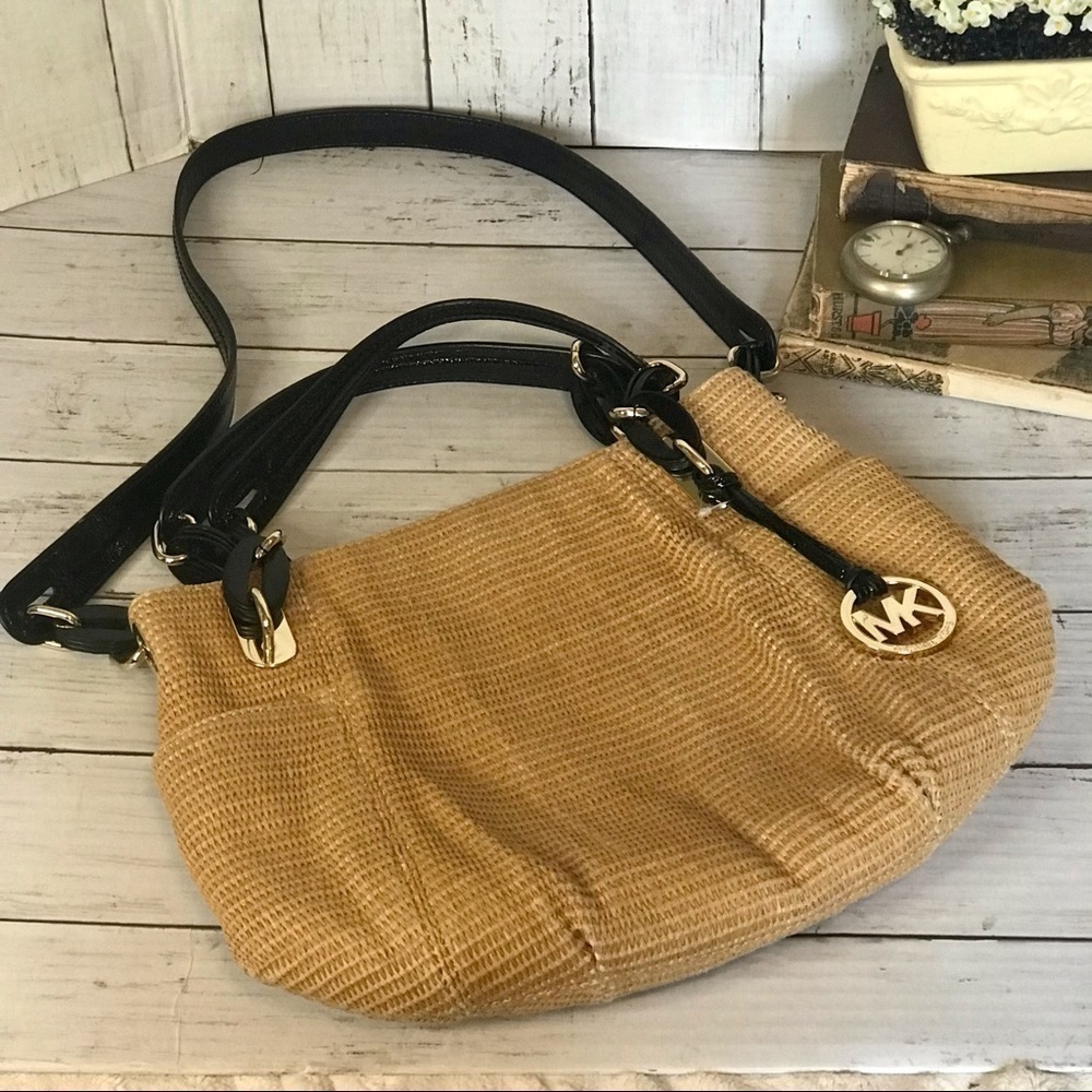 Michael Kors Raffia Textile and Leather Hobo Bag
